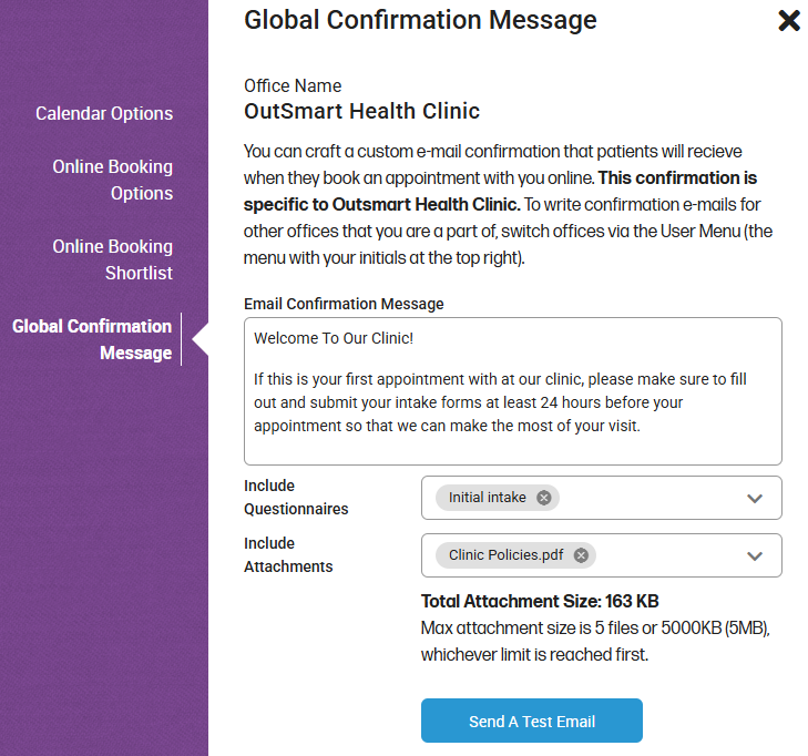 How do I send a global confirmation message for all of my event types - shows the Global Confirmation message panel where you can enter a custom email message and attach questionnaires and documents to send across all your event types. 